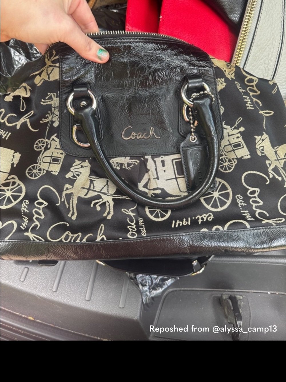 Coach Ashley Horse and Carriage Black and Cream Signature Satchel - Picture 3 of 10